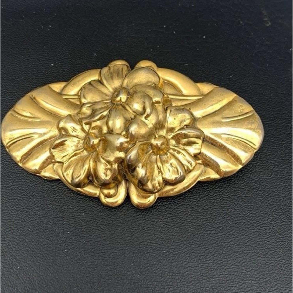 Vintage Gold Tone Molded Art Nouveau Floral / Flower Large Brooch